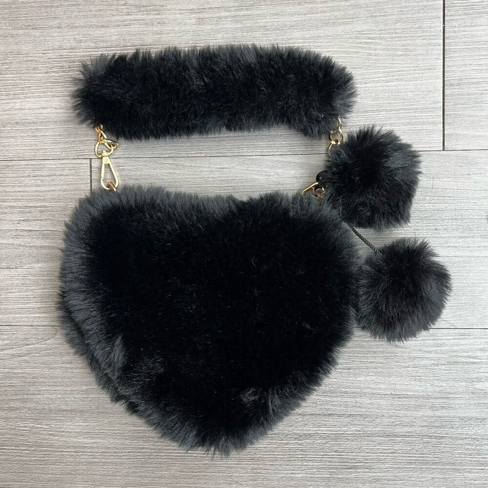 Faux Fur Heart Shaped Mini Handbag Gold Chain Black Novelty